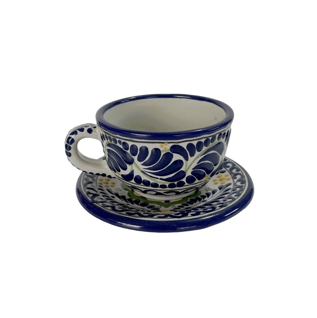 Set Taza Y Plato Fondo Tradicional Con Cobalto Con Flor Al Centro