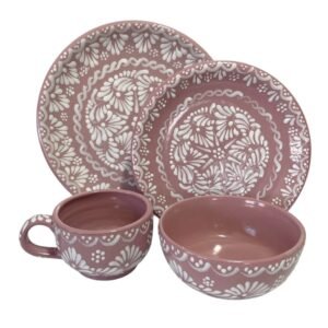 Vajilla Fondo Rosa Con Cenefa Blanco Y Flor Al Centro