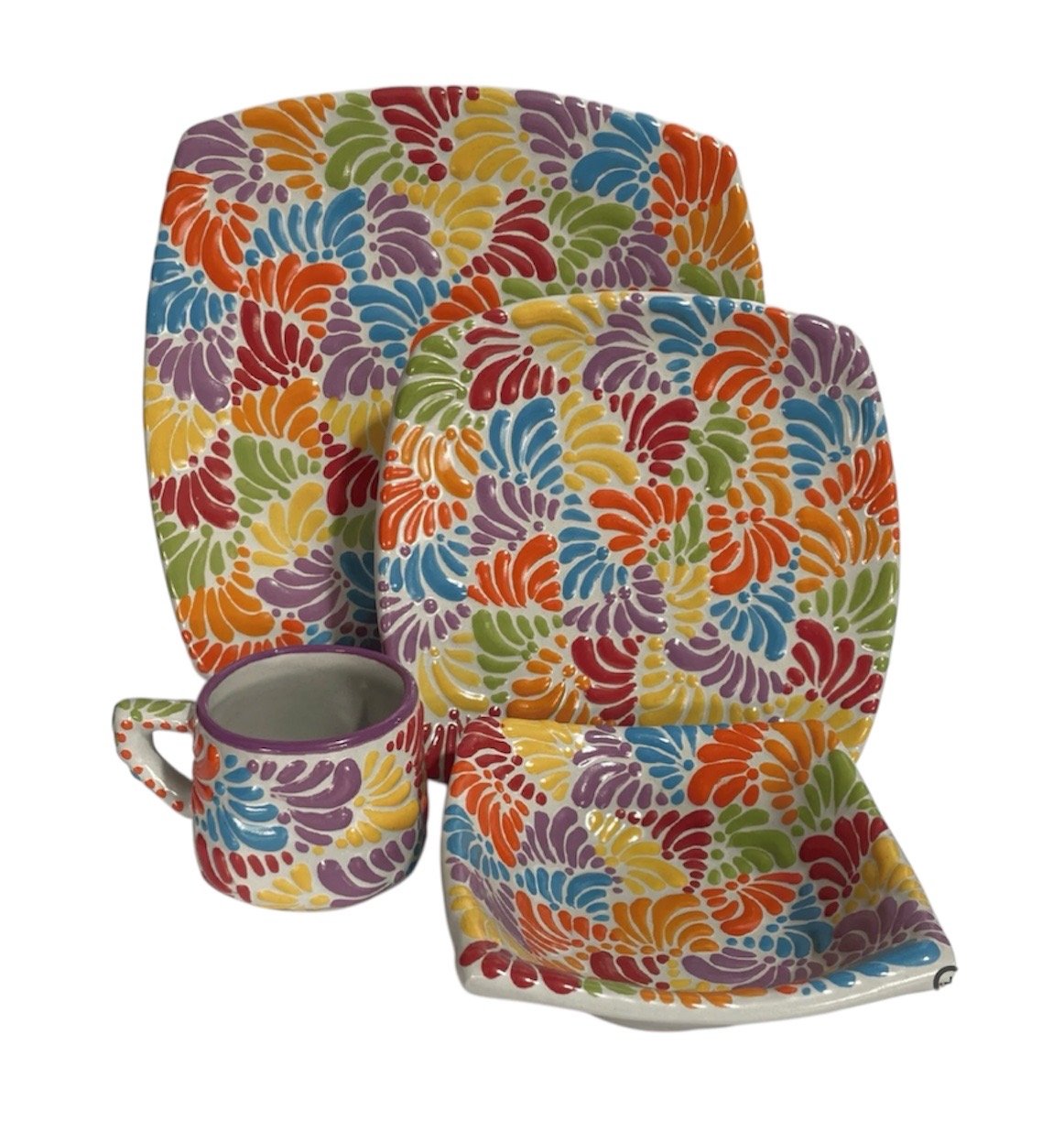 Vajilla Semicuadrada Fondo Tradicional Con Multicolor Mik