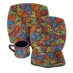 Vajilla Semicuadrada Fondo Negro Con Multicolor Mik