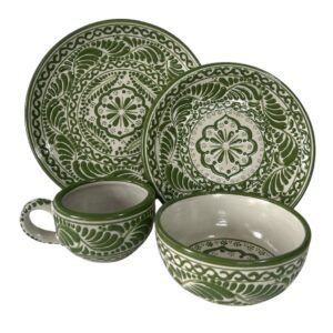 Vajilla Fondo Tradicional Con Verde Limon Con Flor Al Centro