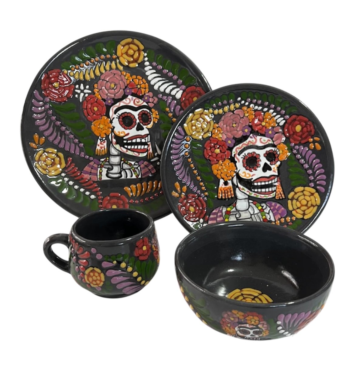 Vajilla Fondo Negro Con Catrina Prehispanica