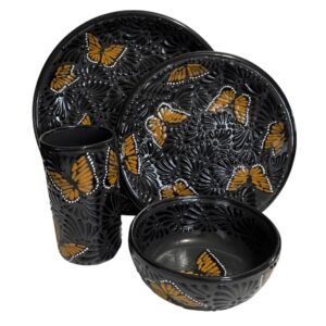 Vajilla Fondo Negro Con Negro Mik Mariposa Version Vaso