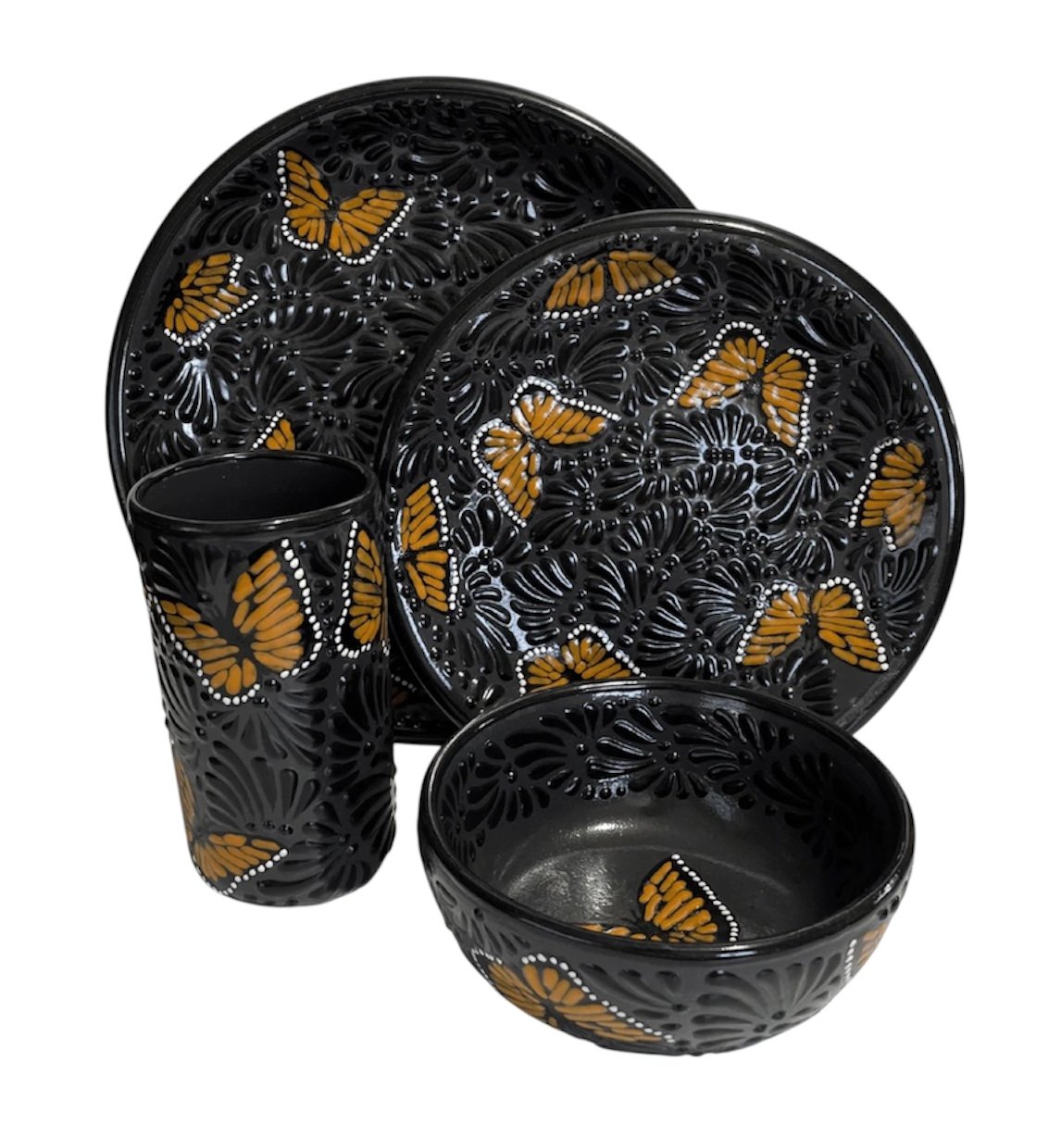 Vajilla Fondo Negro Con Negro Mik Mariposa Version Vaso