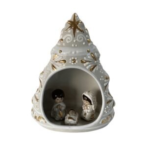 Nacimiento En Forma De Arbolito Fondo Tradicional Con Blanco Y Destellos De Oro