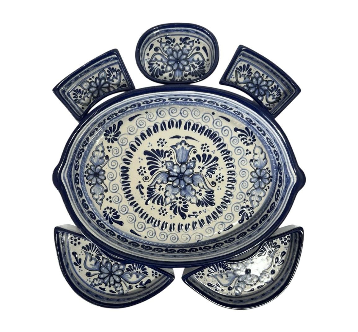 Botanero Ovalado Fondo Tradicional Azul Cenefa Flor En El Centro - Imagen 2