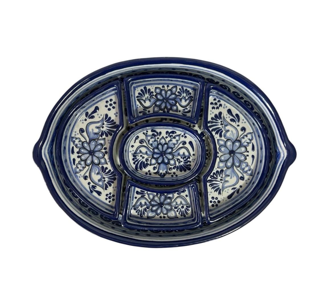 Botanero Ovalado Fondo Tradicional Azul Cenefa Flor En El Centro