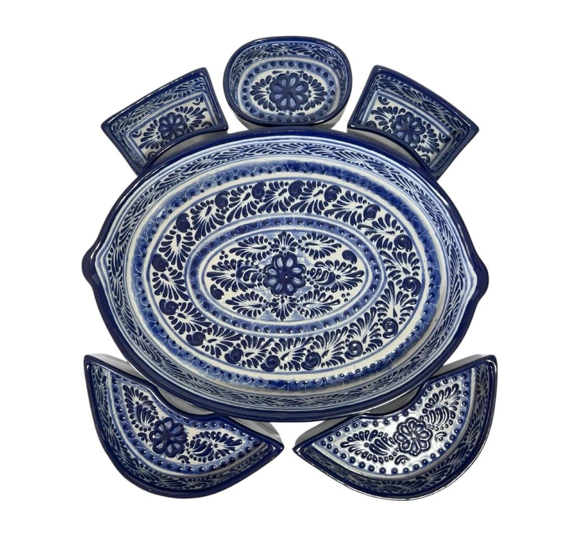 Botanero Ovalado Fondo Tradicional Azul Cenefa Flor En El Centro - Imagen 2