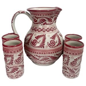 Jarra Para Agua Con 4 Vasos Fondo Blanco Cenefa Rojo
