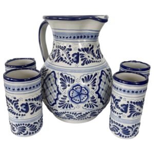 Jarra Para Agua Con 4 Vasos Fondo Blanco Cenefa Azul Flores