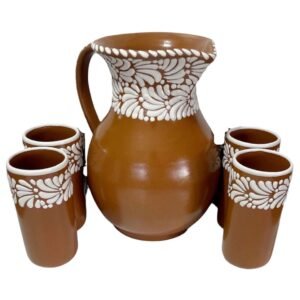 Jarra Para Agua Con 4 Vasos Fondo Terracota Mik Blanco
