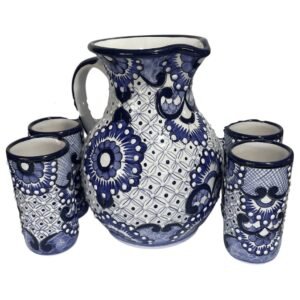 Jarra Para Agua Con 4 Vasos Fondo Blanco Azul Flores