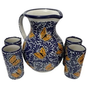 Jarra Para Agua Con 4 Vasos Fondo Blanco Azul Mik Mariposas