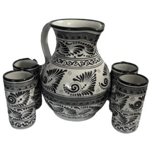 Jarra Para Agua Con 4 Vasos Fondo Blanco Negro Cenefa