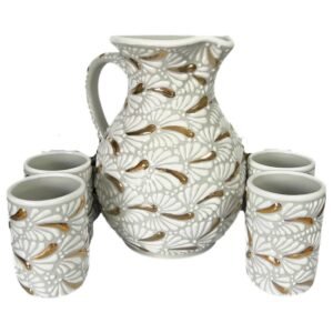 Jarra Para Agua Con 4 Vasos Fondo Blanco Blanco Mik Detellos De Oro
