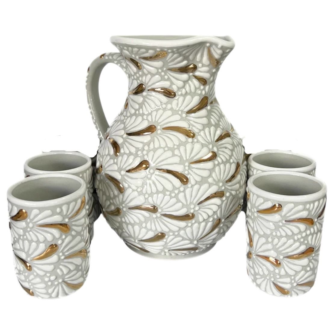 Jarra Para Agua Con 4 Vasos Fondo Blanco Blanco Mik Detellos De Oro