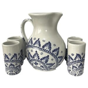 Jarra Para Agua Con 4 Vasos Fondo Blanco Azul Mandala