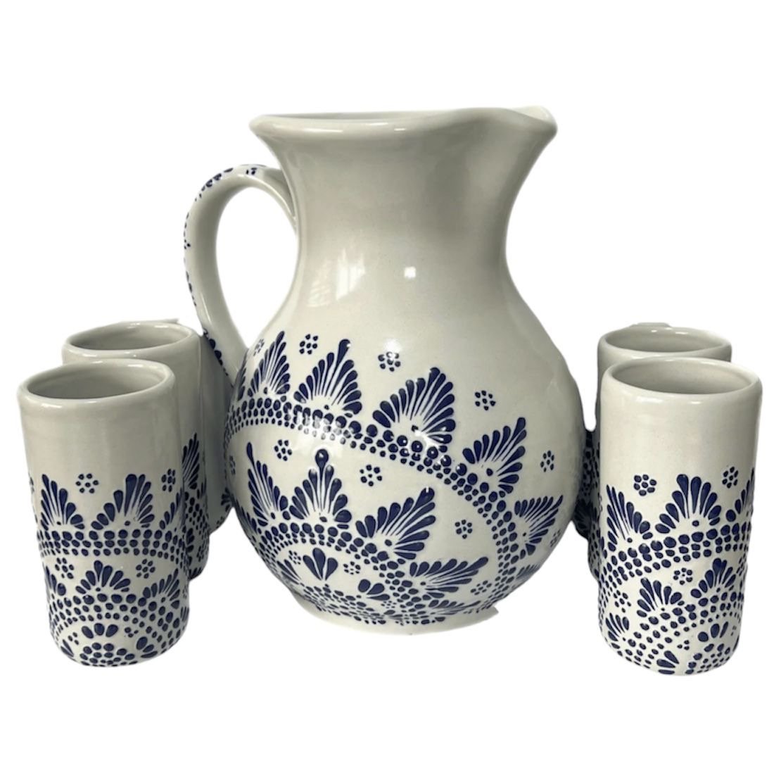 Jarra Para Agua Con 4 Vasos Fondo Blanco Azul Mandala