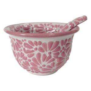 Salsera Con Cuchara Fondo Blanco Con Rosa Mik