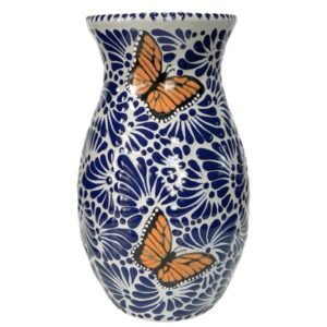 Florero Boliche Fondo Blanco Con Mik Azul Mariposas