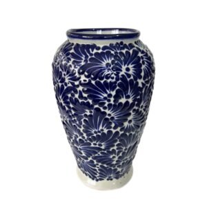 Florero Jarron Alto Fondo Blanco Con Azul Mik