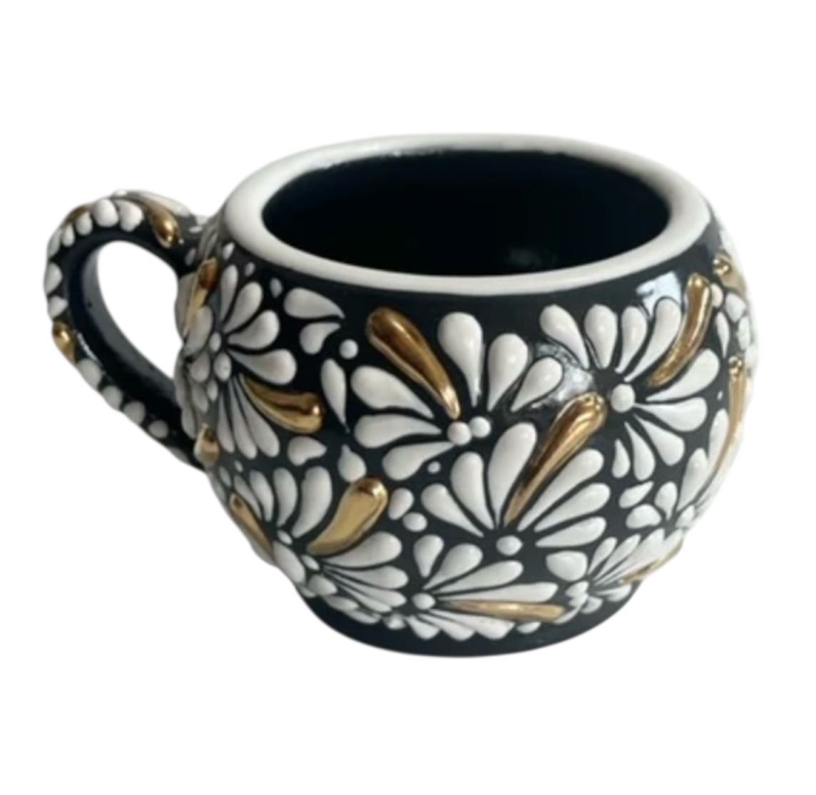 Taza Chocolatera Grande Fondo Negro Con Blanco Mik Destellos De Oro