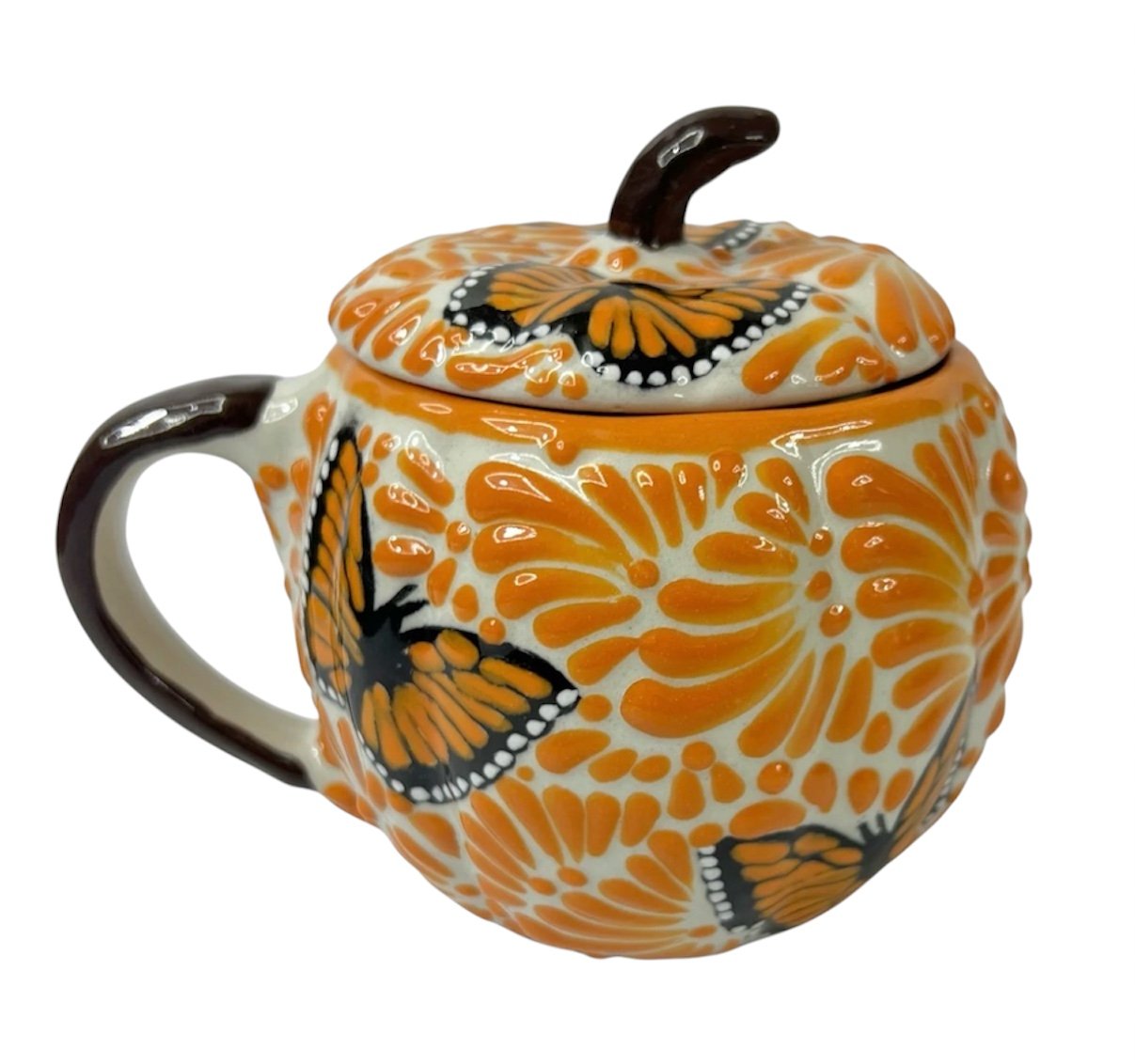 Taza Calabaza Fondo Tradicional Con Mandarina Mik Con Mariposa Asa Cafe